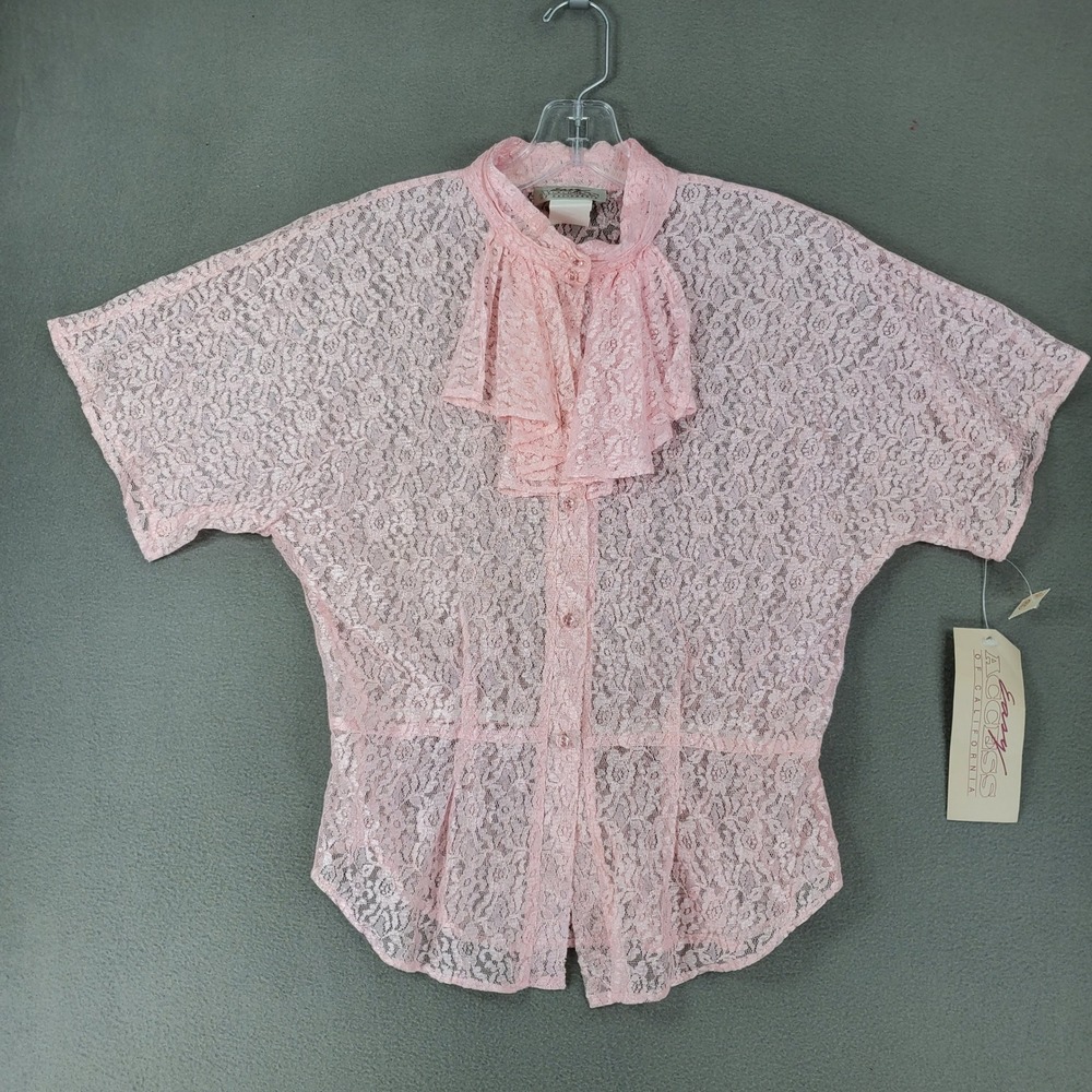 Easy Access California Lace Blouse Womens Pink Jabot Ruffle 80s Vintage NEW